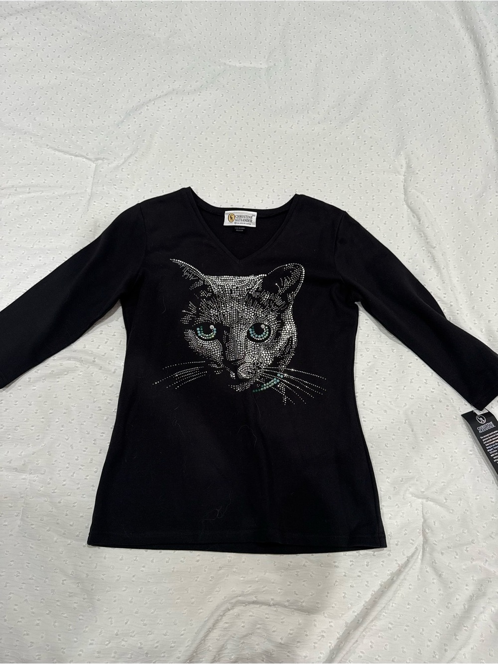 Christine Alexander Black Long-Sleeve Tee with Rhinestone Cat